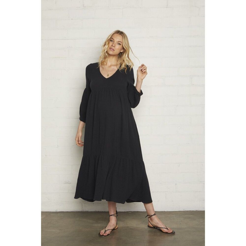 RACHEL PALLY Black Cecilia Cotton Gauze Tiered Boho Cottagecore Midi Dress Large